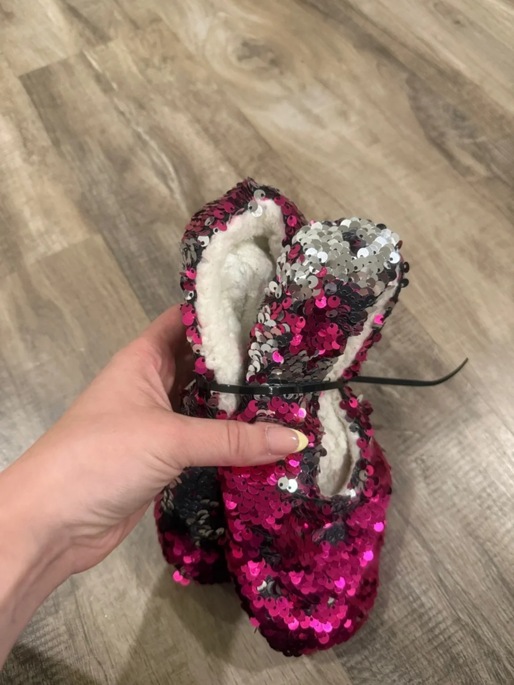 Lightly worn Kids Sequin Slip-On Slippers - Pink & Silver measure 8 inches